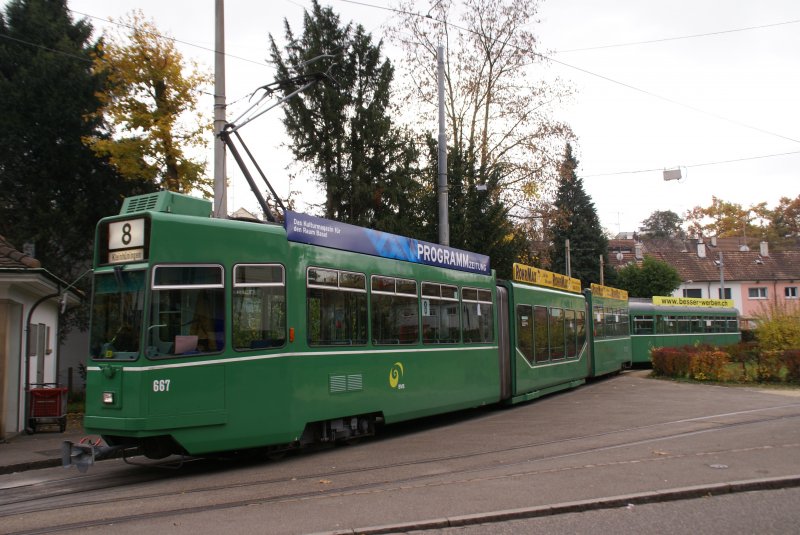 Guggummere 667 steht an der Endhaltestelle Neuweilerstrasse der Linie 8. Die Aufnahme stammt vom 09.11.2009.