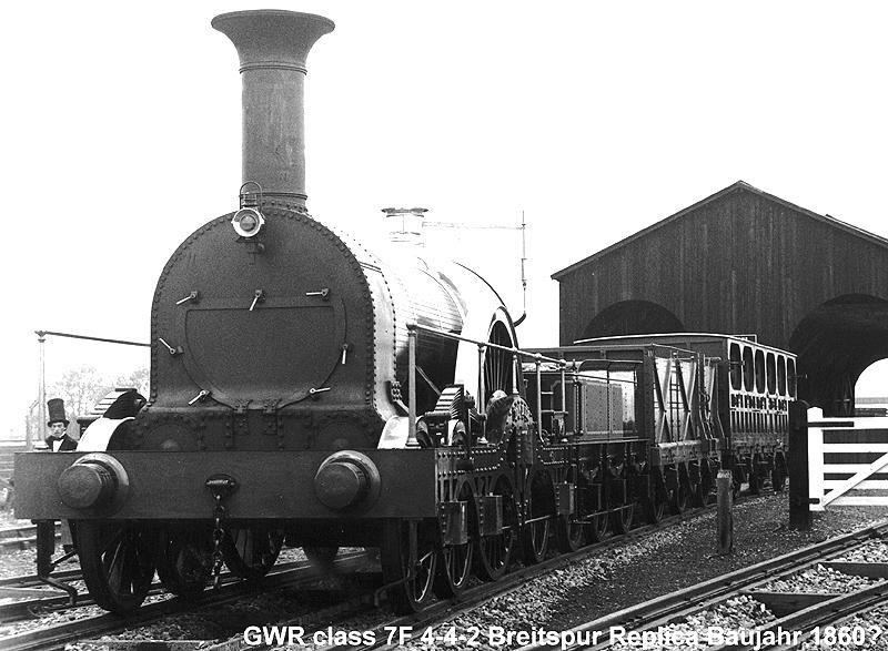 GWR Breitspurlok class 7F 4-4-2 fr den Personenzugdienst. Baujahr 1847/60 Replica eingestellt und betriebsfhig im Didcot Railway Centre.
Die GWR hatte ein Breitspurnetz von 7Fu (ca.2331mm), das Breitspurnetz wurde bis 1895? auf Normalspur umgenagelt.