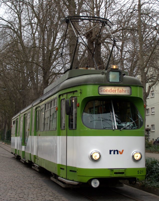 Hngebauchschweinchen 521 am 16.03.07 am Ebertspark. 1964 ausgeliefert, einen Haufen Nummernderungen, und schlussendlich wurde 1991 das Niederflurmittelteil eingesetzt, was ihn zun Hngebauchschwein macht.