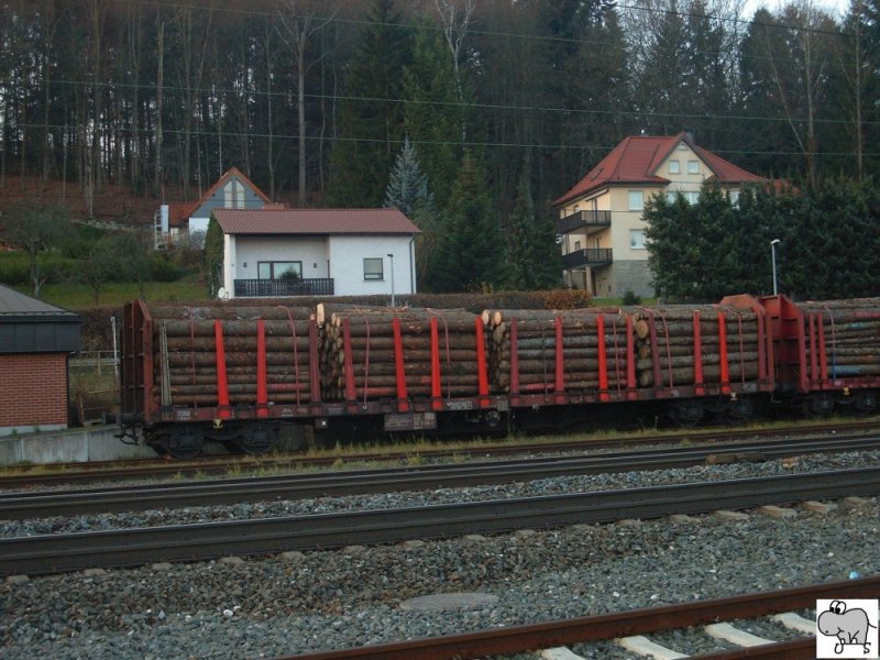 Hufig wird aus den Frankenwald Holz per Bahn verfrachtet. Auf den Bild ist ein Roos mit der Wagennummer 352 5 036-0 am 03. Dezember 2006 im Kronacher Bahnhof zu sehen.
