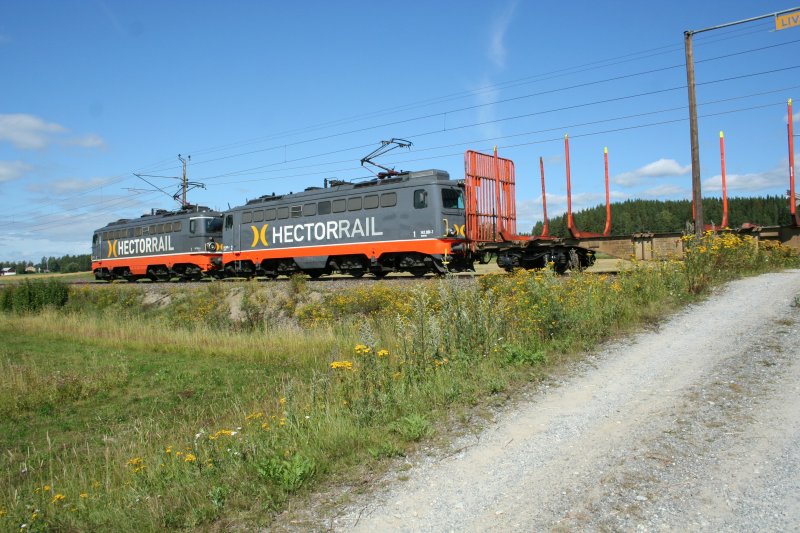 Hectorail 142 105-8 und 142 001-7 mit einem Leerholzzug nach �nge am 28.7.2008 in Kl�stre.