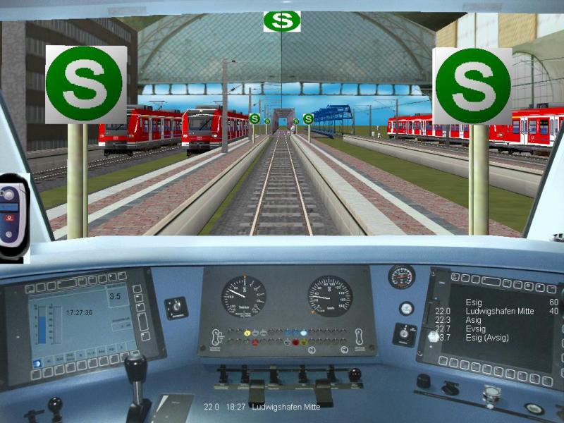 Hier ist eine 425.2 die im S-Bahnnetz Rhein Neckar fhrt im Loksim3D. Hier bei der Einfahrt von Ludwigshafen Mitte. (ander Fhrerstand da es bei der 425.2 kein LZB gibt.) (Strecke ist von mir)