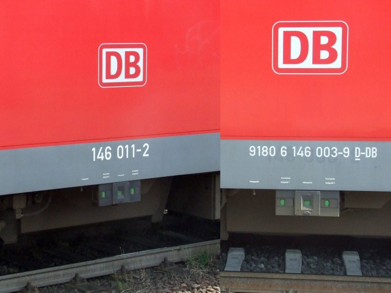 Hier eine eigen gestaltete Komposition von Betriebsnummern der BR 146. Links die Alte der 146 011, rechts die neue standartisierte der 146 003. Beide aufgenommen in Bochum am 23.06.2008.