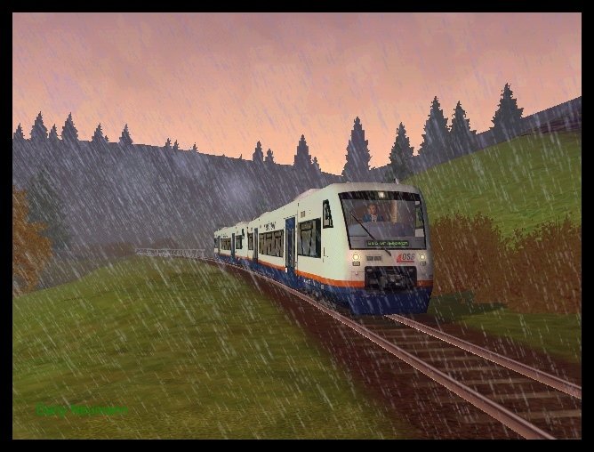 Hier ein regioSprinter der OSB (Offenburger Straen Bahn). Hier im strmendem Regen. (Auf Add On: Auf der Schwarzwaldbahn nach Offenburg).
