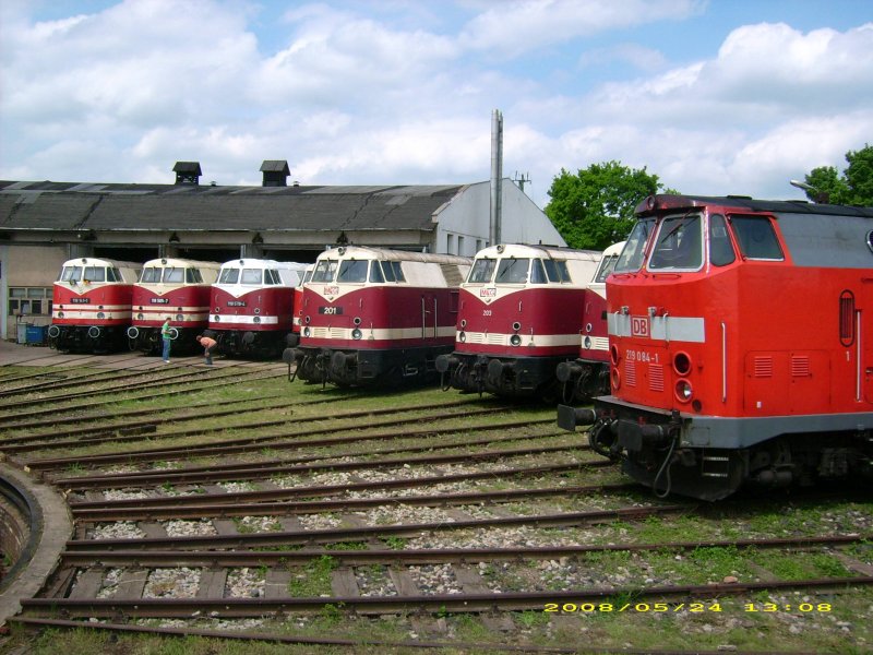 Hier mal ein Versuch, alle um den Ringlokschuppen aufgestellte Lokomotiven auf ein Bild zu kriegen. Ich denke, es ist mir einigermaen gelungen.Bw Weimar am 24.05.08.