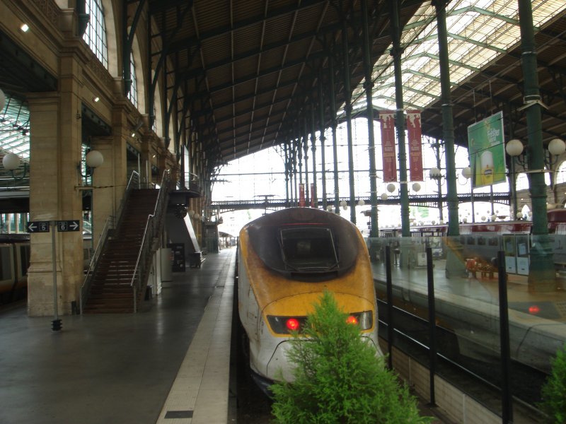 Hier versteckt sich der Eurostar hinter einen Busch. Aufgenommen am 02.08.07 in Paris Gare du Nord.