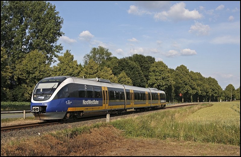 Hier ist VT724  Freie Hansestadt Bremen  als NWB81557 (RB67  DER WARENDORFER , Altenbeken - Mnster(Westf)Hbf, bei Telgte unterwegs. (23.06.2009)

