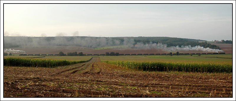 Hhepunkt des ersten Plandampftages am 11.10.2007 im Werratal war zweifellos der 2570 Tonnen schwere und 570 Meter lange Kieszug von Immelborn nach Eisenach. Mit 44 1486 an der Spitze und als Untersttzung 52 8075 und 52 8079 wird am Foto gerade eine Steigung zwischen Oberrohn und Marksul bewltig. Es war gar nicht so einfach eine geeignete Stelle zu finden, wo die gesamte Zuglnge zur Geltung kommt.