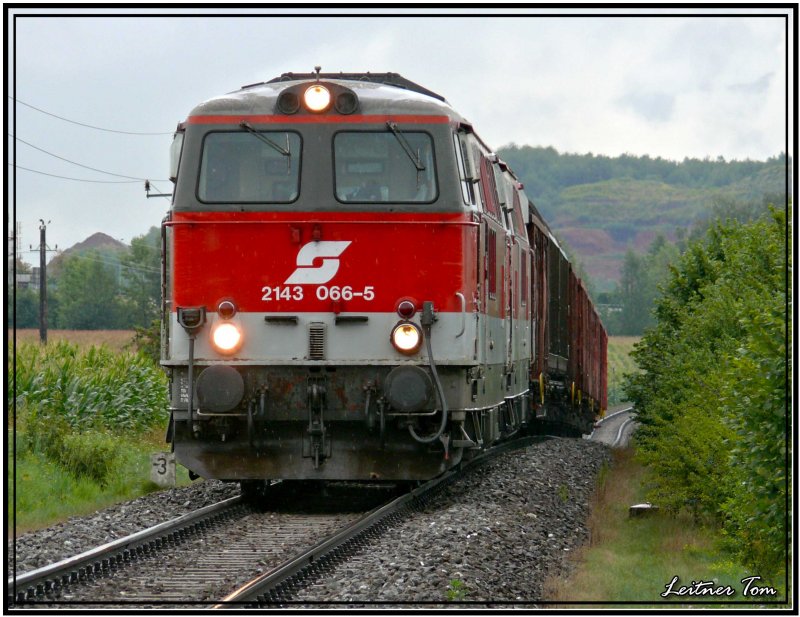 Holzzug mit zwei Dieselloks 2143 066 + 062 fhrt in Richtung Pls.
10.08.2007