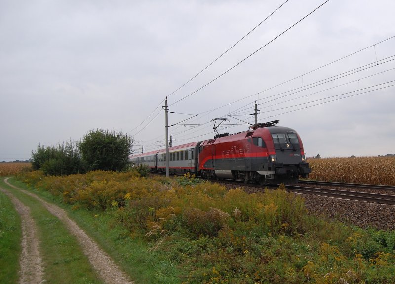 IC 747  Wiener Volkshochschulen  war am
12.09.2009 mit der 1116 218 bespannt und
nahe Oftering ber die Westbahn gerauscht.
