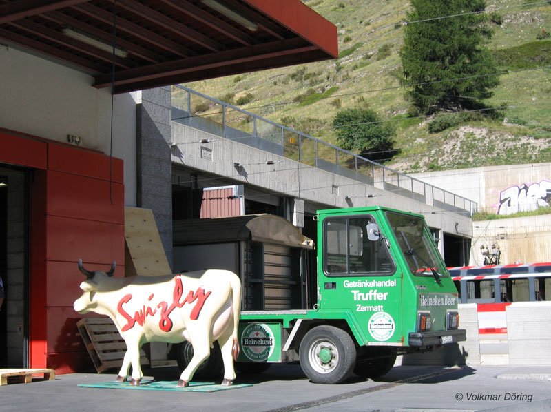 Im Bahnhof Zermatt wird soeben eine  Swizly-Kuh  verladen - 17.08.2005
