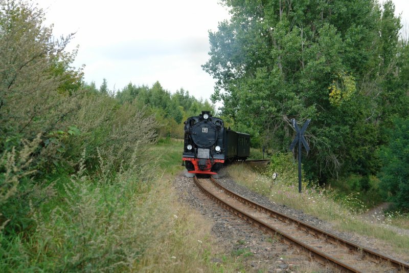 Im Sommer 2007 ist Lok 11 des Mansfeld Kombinats Wilhelm Pieck Eisleben (frhere Bezeichnung der Bergwerksbahn) unterwegs vom Umsetzgleis Eduardschacht zum gleichnamigen Haltepunkt, der Endpunkt der Bahn ist. Whrend des Umsetzens am Eduardschacht darf kein Fahrgast im Zug sein. Der Umsetzvorgang erfolgt mit Hilfe einer Diesellok, weil zu diesem Zeitpunkt kein Ausweichgleis, sondern nur ein Anschlussgleis zum Schachtgelnde existierte. (18.08.07)