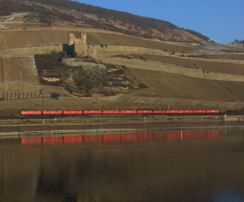 Im Sonnenuntergang des 10.01.2009 bewegt sich dieser aus 12 Loks bestehend Lokzug in Richtung Norden kurz zuvor hat er R�desheim passiert. (3xBR185,BR152,BR185,BR152,BR185,BR140,3xBR185,BR152)