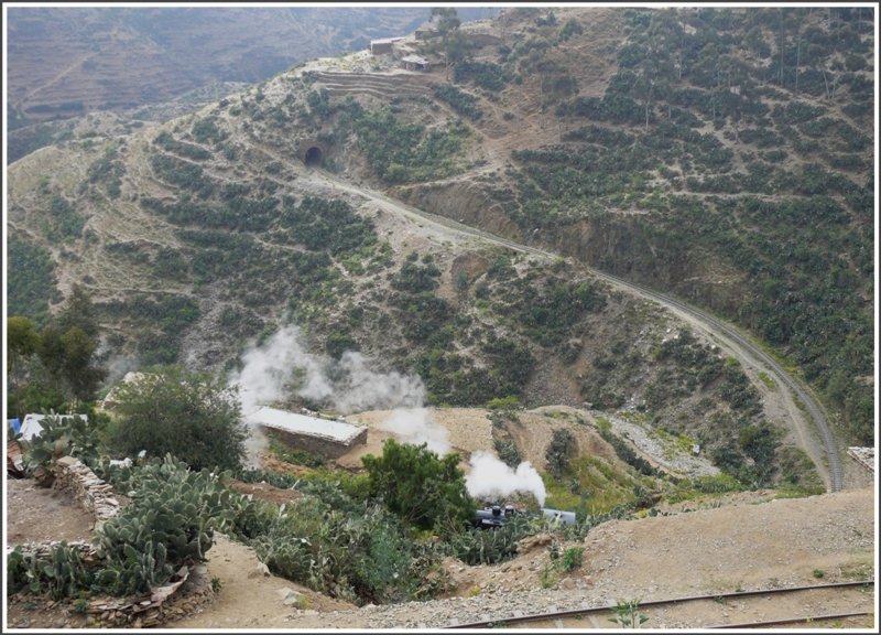 Im steilen Gelnde nach dem Scheitelpunkt schlngelt sich die Trassee in Serpentinen durch die Kakteenbestandenen Hnge hinunter. Der Dampfzug befindet sich auf der mittleren Ebene. (29.10.2008)