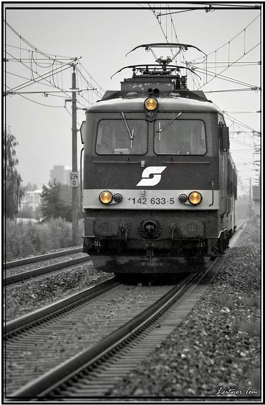 Im strmenden Regen fhrt E-Lok 1142 633 mit R 4217 von Bruck an der Mur nach Unzmarkt.
Zeltweg 14.07.2008