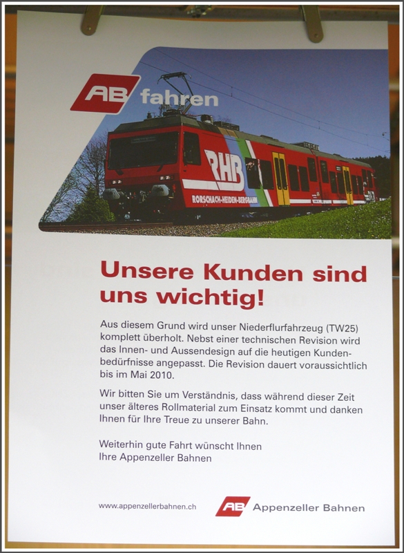 In den lteren Fahrzeugen der RHB hngen diese Bekanntmachungen. Der BDeh 3/6 erhlt eine Grunderneuerung und wird zu diesem Zweck nach Landquart zur RhB Hauptwerksttte gebracht. (18.07.2009)