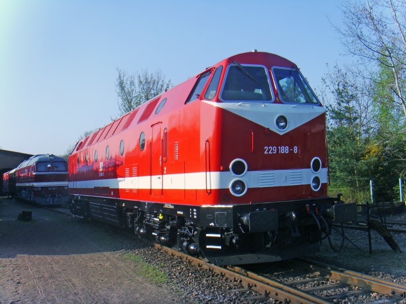 In bestem Erhaltungszustand pr�sentierte sich 229 188-8 des Th�ringer Eisenbahnvereins(TEV) am 11.04.2009 zur Saisoner�ffnung des Eisenbahnmuseums Bayerischer Bahnhof zu Leipzig auf dem Vereinsgel�nde in Leipzig Plagwitz.