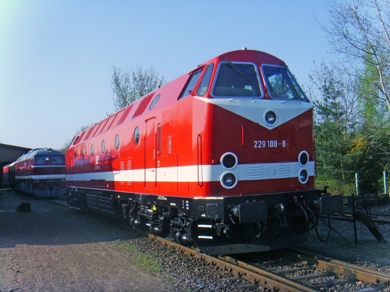 In bestem Erhaltungszustand prsentierte sich 229 188-8 des Thringer Eisenbahnvereins(TEV) am 11.04.2009 zur Saisonerffnung des Eisenbahnmuseums Bayerischer Bahnhof zu Leipzig auf dem Vereinsgelnde in Leipzig Plagwitz.