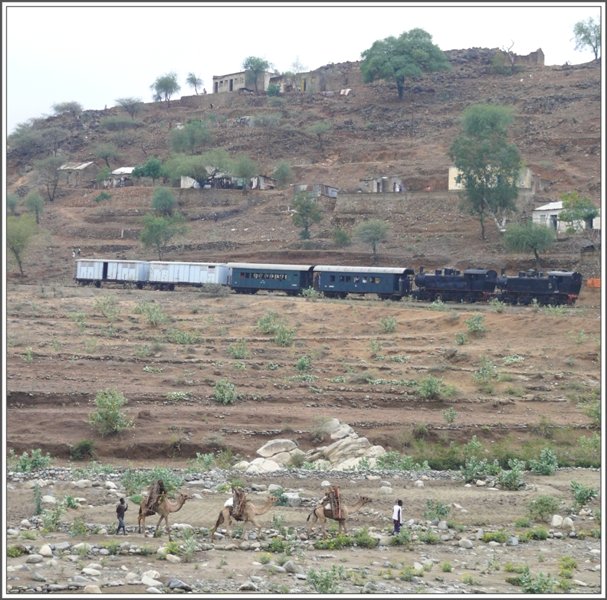 In Ghinda kreuzen sich zwei Verkehrswege, einerseits die Eisenbahn und andererseits im trockenen Flussbett eine Karawanenstrasse fr Lasttiere wie Kamele und Esel.(29.10.2008)