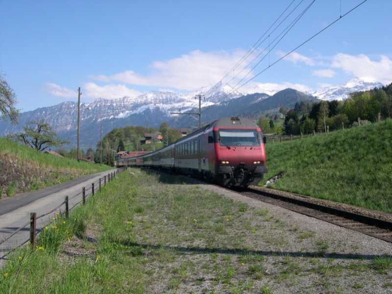 In der kleinen Station Faulensee am Thunersee begegnet uns am 30.04.2006 dieser, aus EW 4-Wagen gebildete Intercity mit Fahrtziel Romanshorn. Im Hintergrund erhebt sich das Jungfraumassiv.