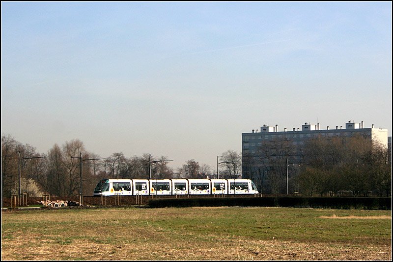 In der Landschaft - 

Ein Citadis-Tram in der Vormittagssonne im  Überlandabschnitt  zwischen den Stationen Martin Schongauer und Elmerforst. 

06.03.2008 (M)