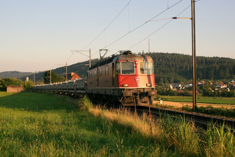 In den letzten Tagen wurde der abendliche Aushubzug 75'040 (Zrich Oerlikon - Schaffhausen RB) jeweils mit der Prototyp-Re 6/6 11602 gefhrt, so auch am 6.8.2009, als nach einem kurzen Spurt mit dem Velo (der Zug war 1 1/2 Stunden zu frh unterwegs) diese Aufnahme zwischen Winterthur und Hettlingen entstand. 