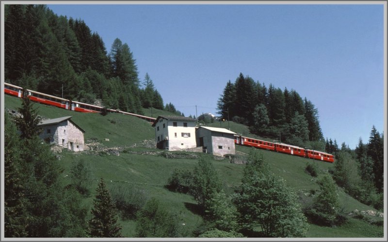 In der Nhe von Cadera auf der Bernina Sdrampe fhrt der BerninaExpress Richtung Poschiavo-Tirano. (Archiv 06/83)