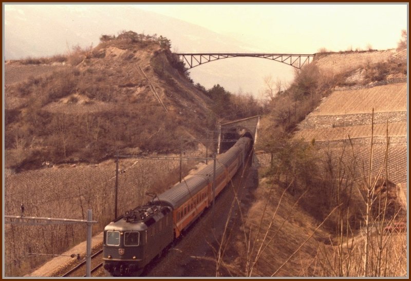 In den Rebbergen bei Salgesch fhrt eine Re 4/4 II mit einem internationalen Schnellzug Richtung Brig und Italien. (Archiv Sommer 1977)