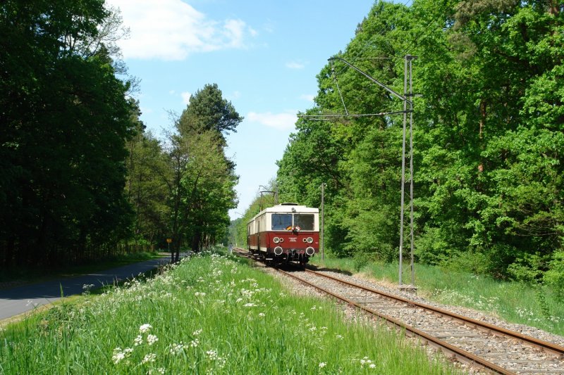In Richtung Mncheberg schaukelte der kleine Triebwagen durch den Ort Waldsieversdorf. Er erreicht in wenigen Minuten den gleichnamigen Haltepunkt. (12.05.08)