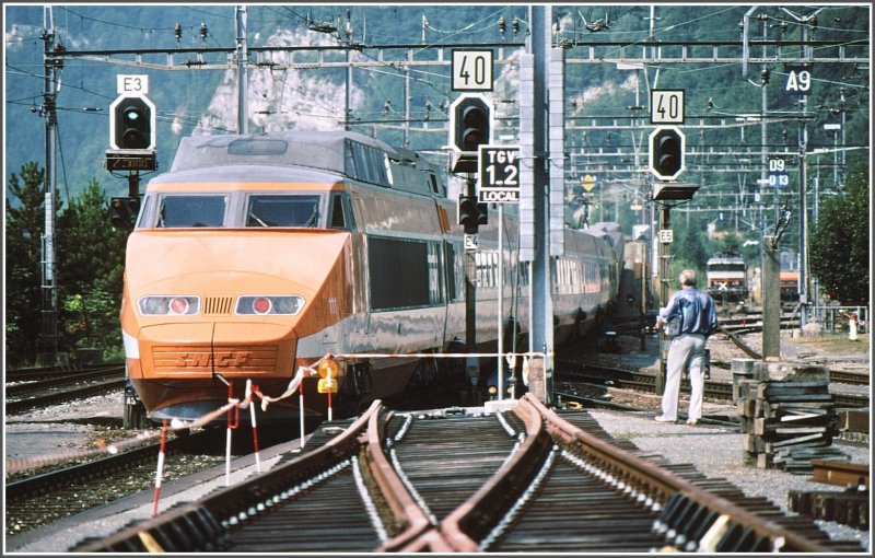 In Vallorbe werden Weichen umgebaut. Ein Doppel TGV Sud-Est verlsst Vallorbe Richtung Mont d`Or Tunnel und weiter nach Paris.
(Archiv 08/94)
