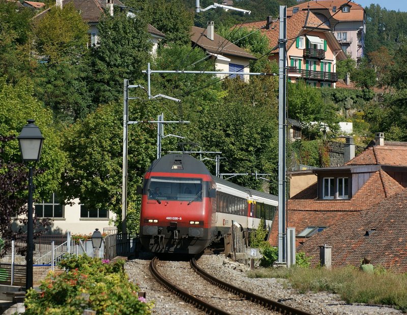 Infolge Weichenumbau in Lausanne wurden die Interegio Luzern-Genf ab Palezieux nach Vevey dieses Wochenende umgeleitet und bescherten den Reisenden nach Vevey krzere Fahrzeiten und den Fotografen interessante Motive auf der Strecke des Train des Vignes. Hier Re 460 026-8 mit IR 33535 von Vevey nach Luzern in Chexbres am 06.09.2009 