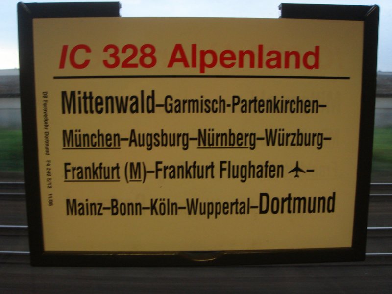 InterCity 328  Alpenland  von Mittenwald-Mnchen-Nrnberg-Wrzburg-Mainz-Kln-Wuppertal-Dortmund.