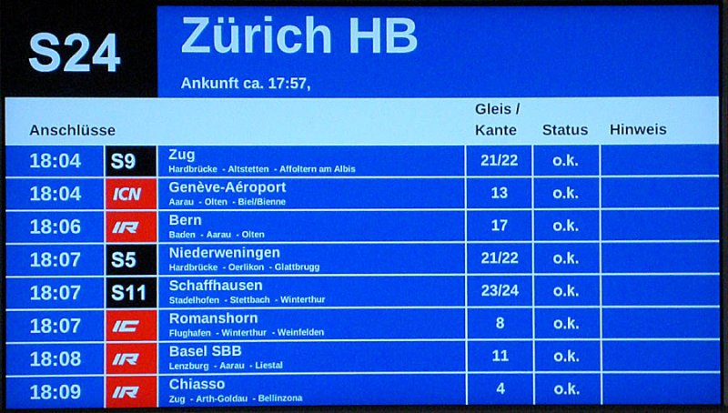 Kein Zugziel, aber Fahrgastinfo mit Anschlussmglichkeiten in Zrich HB. Aufnahme eines Bildschirms im DPZ-Wagen der S24 beim Einfahren in Zrich HB, 24. April 2009, 17:57