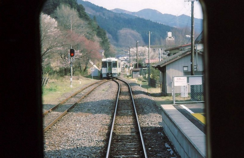 KIHA 110: Kreuzung eines Zuges in Iwaki Hanawa. Die Bäume stehen noch in Blüte am 16.April 2003.  