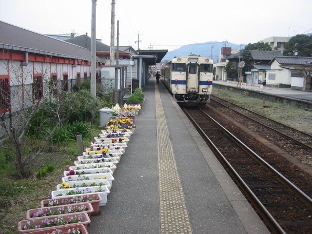 KIHA 47: JR Dieseltriebwagen KIHA 47 76 an der Endstation Umi (Insel Kyushu). Das ehemalige Kohleabbaugebiet gibt sich Mühe, hübsch zu erscheinen - entsprechend die vielen Blumenkisten am Bahnhof. 16.März 2007. KASHII-LINIE