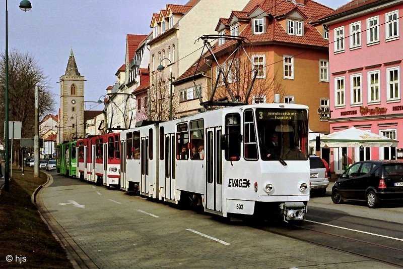 KT4D-Dreifachtraktion 502 + 519 + 518 auf der Andreasstrae kurz vor dem Domplatz (11. Mrz 2004)