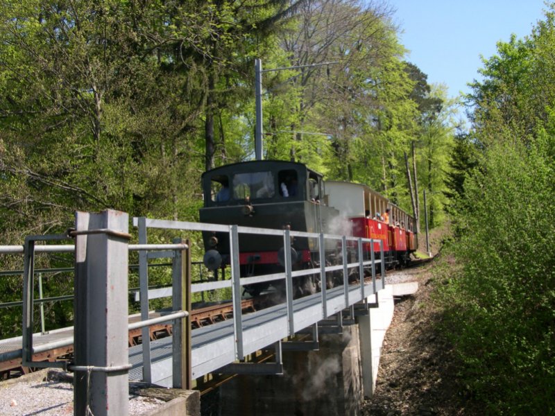 Kurz nach der Station Wartensee fhrt der Dampfzug am 01.05.2005 bergwrts. Auf Bergbahnen sollte sich das Triebfahrzeug immer auf der Talseite befinden, weswegen die Wagen den Berg hinauf geschoben werden.