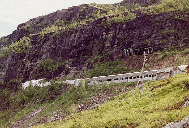 Kurz vor dem Bahnhof Myrdal am 08.08.1993, die untere, lange Galerie ist die Strecke nach Flam, die obere, kurze mit anschlieenden Tunnel die Strecke der Bergenbahn nach Finse - Oslo.