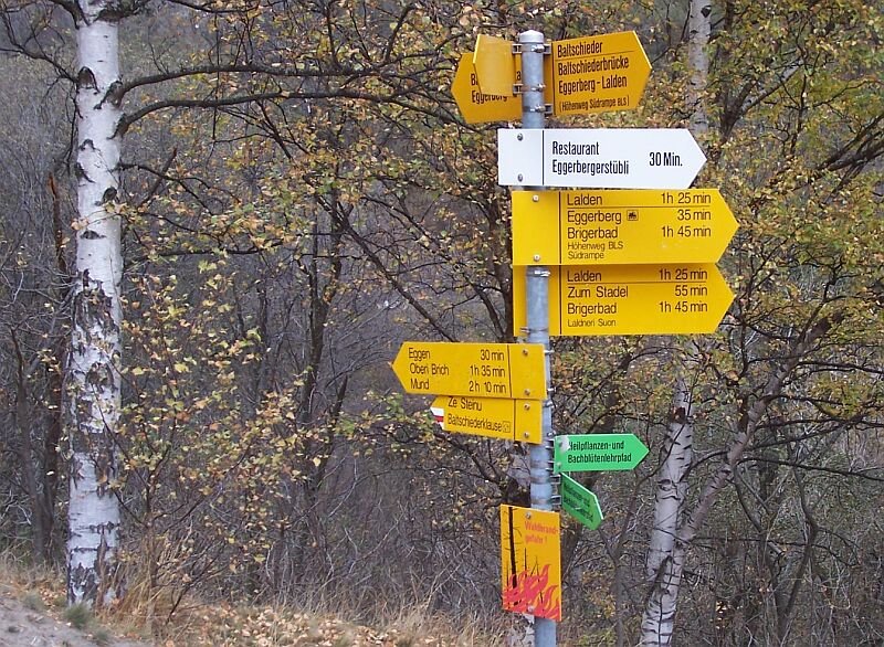 Kurz vor dem Baltschieder-Viadukt kommt dieser Wegweiser, auf dem Brigerbad als Endstation des Hhenweges angegeben ist, aufgenommen am 09.11.2006.