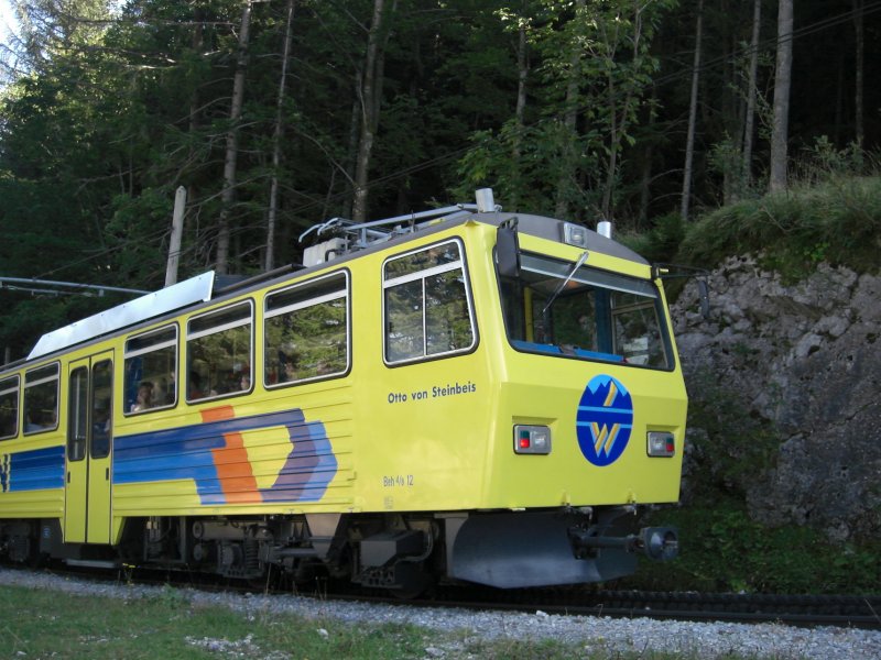 Kurz vor dem Haltepunkt  Mitteralm  fotografierten wir diesen Zug der
Wendelstein-Bahn am 8. September 2009.