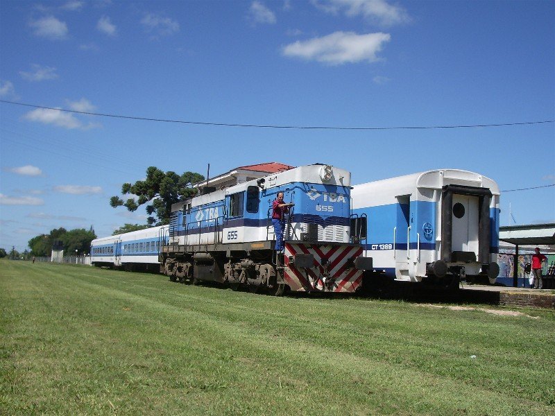 Kurzstrecken-Personenzug der TBA (Trenes de Buenos Aires) mit ALCo RSD-39 beim Umsetzen in Lobos.
Februar 2008