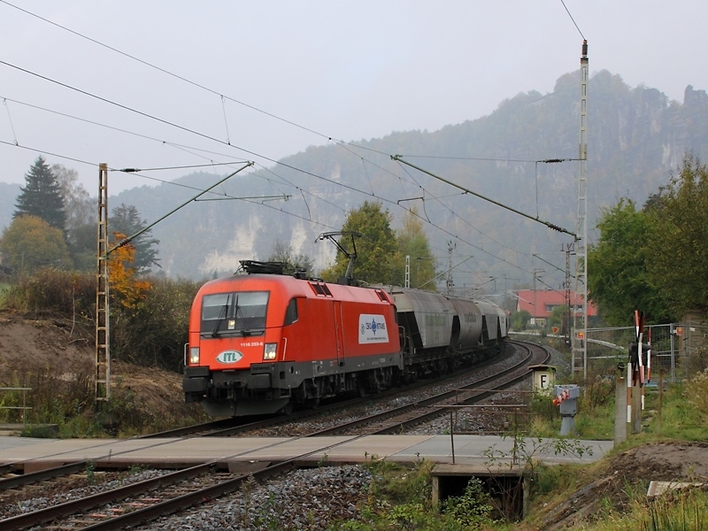 Langsam lichtet sich der Dunst. 1116 233-6 der ITL ist am 24.10.2009 bei Rathen unterwegs.