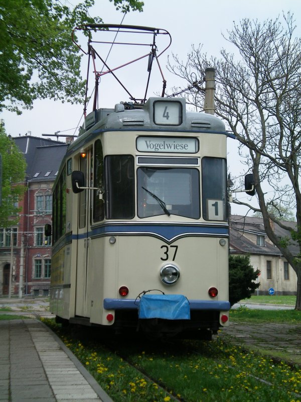 LEW T57 als Triebwagen 37 der Linie 4 mit Fahrtziel Hauptbahnhof.Wir schauen dem Triebwagen auf den Po.Daher zeigt der Fahrtzielanzeiger Vogelwiese, da die Bahn am Hauptbahnhof keine Wendeschleife vorfindet,sondern einfach der Fhrerstand gewechselt wird.Naumburg a.d Saale 19.04.2009