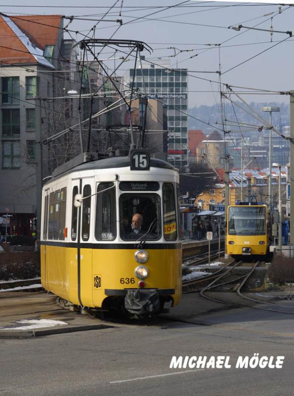 Linie 15 am Olgaeck Richtung Alexanderstrae. Im Hintergrund die U6. Feb. 2005