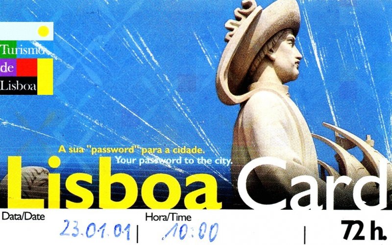 LISBOA (Distrikt Lisboa/Concelho Lisboa), 23.01.2001, mit dieser LisboaCard konnte man u.a. auch 72 Stunden alle öffentlichen Verkehrsmittel der Stadt nutzen; insofern auch eine Fahrkarte -- LisboaCard eingescannt