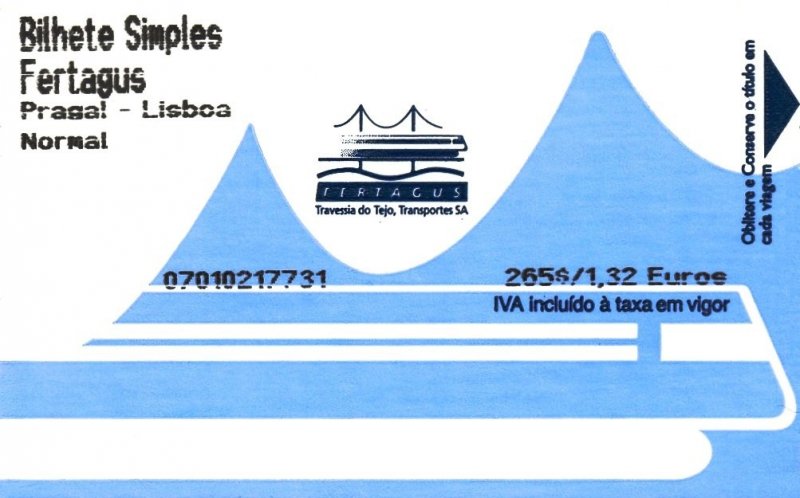 LISBOA (Distrikt Lisboa/Concelho Lisboa), 25.01.2001, Ticket von Lissabon nach Pragal (gelöst am Automaten im Bahnhof Entrecampos) für den Fertagus, einem Zug eines privaten Bahnbetreibers, der die Stadt über die Ponte 25 de Abril mit ihren südlich des Rio Tejo gelegenen Vorstädten verbindet -- Fahrkarte eingescannt