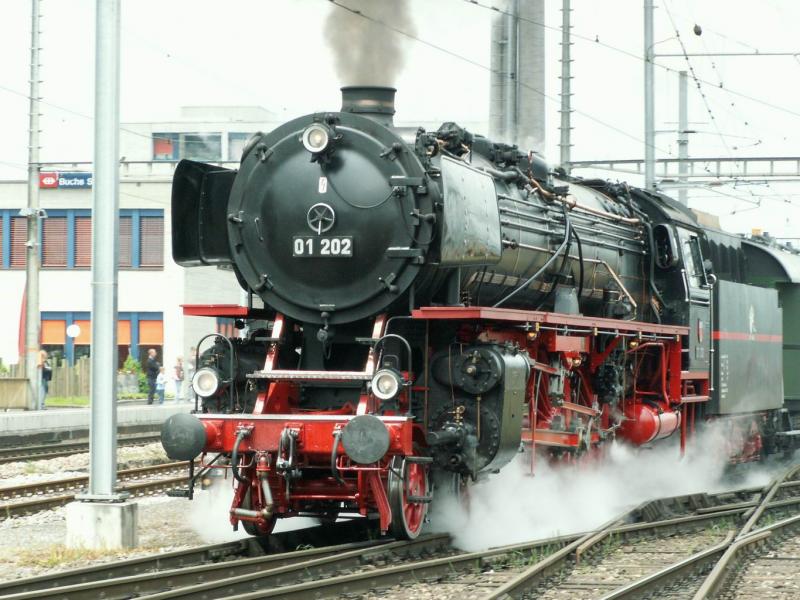 Lok 01 202 auf dem Weg nach Sargans und weiter nach Chur.In Sargans wird nochmals umgesetzt,so das die Lok Tender voraus nach Chur weiterfhrt,um fr die Rckfahrt am nchsten Tag wieder richtig vor dem Sonderzug zu stehen.Buchs 04.06.06