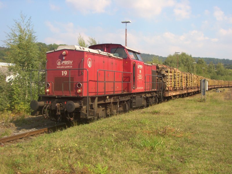 Lok 19 der PBSV Verkehrs GmbH mit einem Holzzug am 19.09.09 im Bahnhof Arnsberg vor der Abfahrt nach Schwerte
