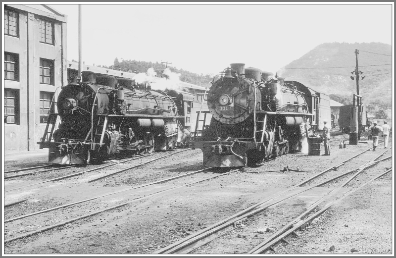 Lok 301 und 312 im Bahnbetriebswerk der RFFSA in Tubarao/Santa Caterina. (Archiv 04/1981)