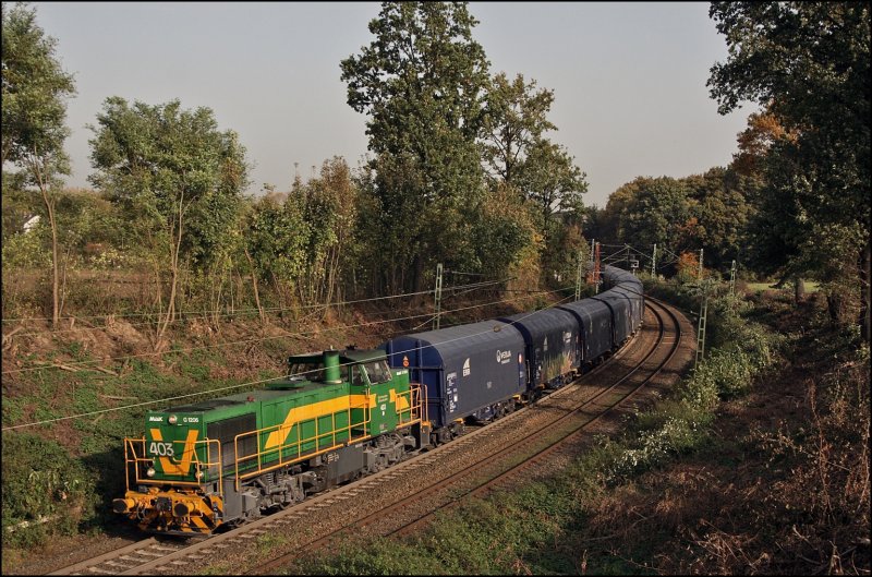 Lok 403 (G1206) erinnert noch an die Zeiten der Dortmunder Eisenbahn (DE). Am 13.10.2008 konnte sie bei Bochum mit einem Coilzug nach Neheim-Hsten beobachtet werden.
